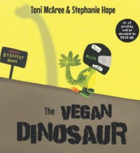 the vegan dinosaur kids book in yellow and grey brown colors by veganlyy website