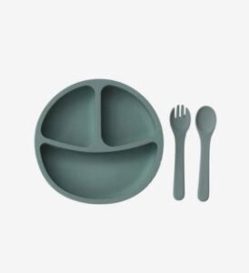 kid's and children's duck egg blue colored silicone dish with fork and spoon by paizo brand on white background presented by veganlyy website