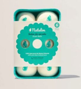 white dryer balls in green recipient package with white and black paper laber over them by the brand natulim posted on veganlyy.com