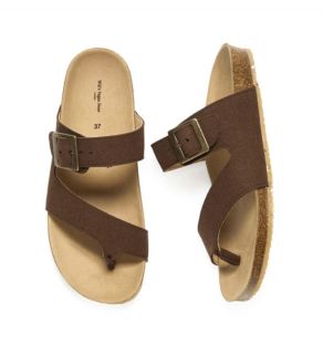 women's two strap toe peg dark brown sandals from veganlyy wills vegan store seen from above one of them on the side