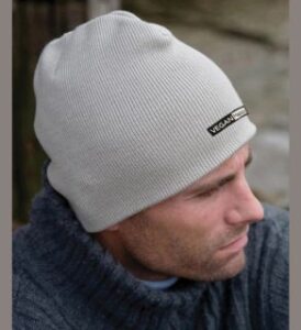 man's head wearing vegan happy pull-on soft feel beanie by veganlyy.com
