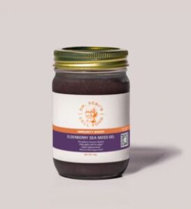 A jar from Dr. Sebi Elderberry Sea Moss Gel presented by veganlyy.com