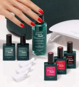 Veganlyy presents manicurist starter kit of 5 LED Green Fresh Nail Polish and nail varnish on white cover - vegan beauty
